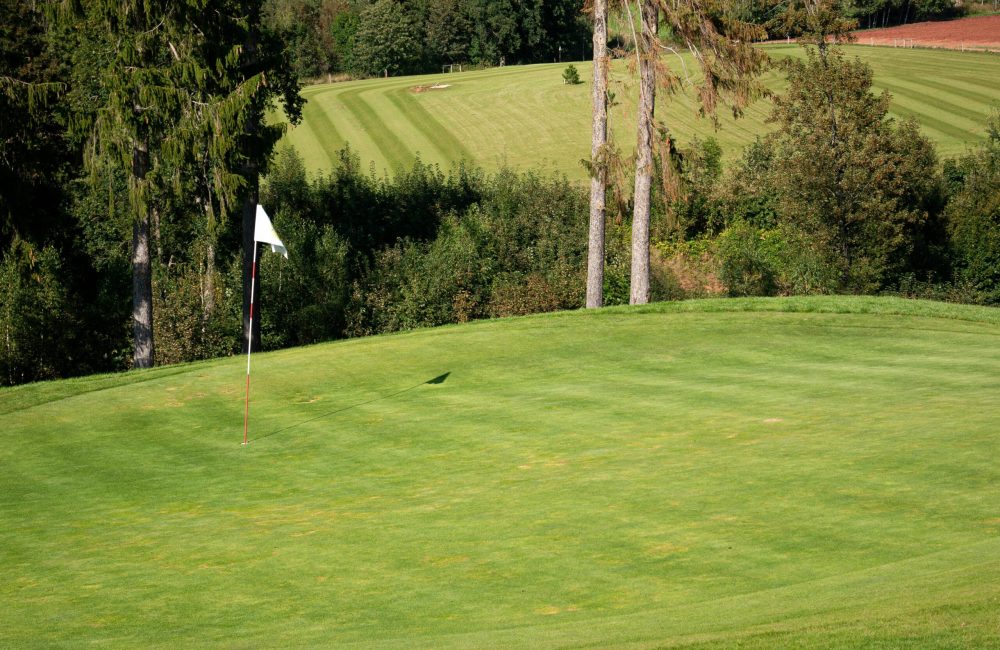 Vibrant green golf course fairway featuring flagstick, ideal for outdoor sports settings.